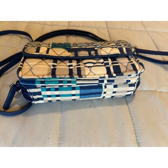 Vera Bradley Crossbody Wallet Purse Bag Blue Beige Geometric Print Quilted Trave - Picture 2 of 12